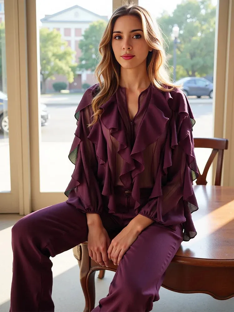TRAFZA Elegant Women's Translucent Ruffles Shirts 2025 Spring Sexy Female V-neck Long Sleeved Gauze Layered Decorative Blouse