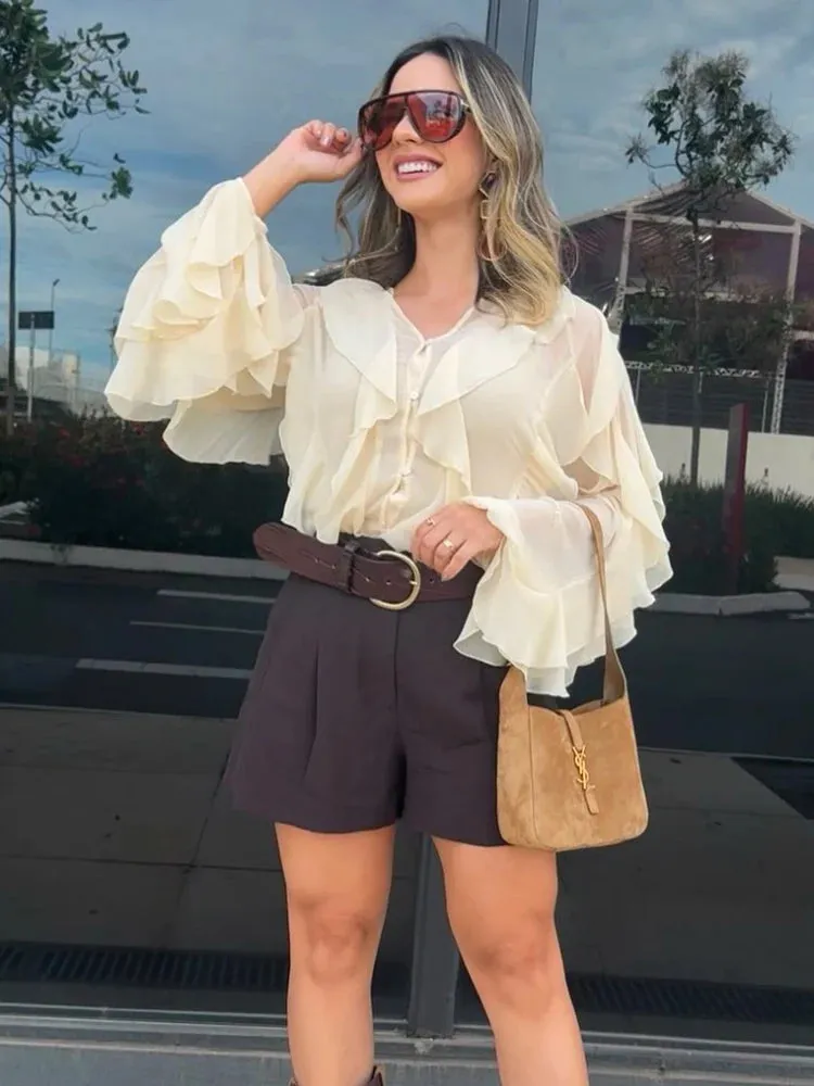TRAFZA Elegant Women's Translucent Ruffles Shirts 2025 Spring Sexy Female V-neck Long Sleeved Gauze Layered Decorative Blouse