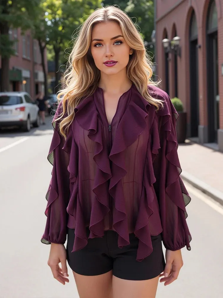 TRAFZA Elegant Women's Translucent Ruffles Shirts 2025 Spring Sexy Female V-neck Long Sleeved Gauze Layered Decorative Blouse