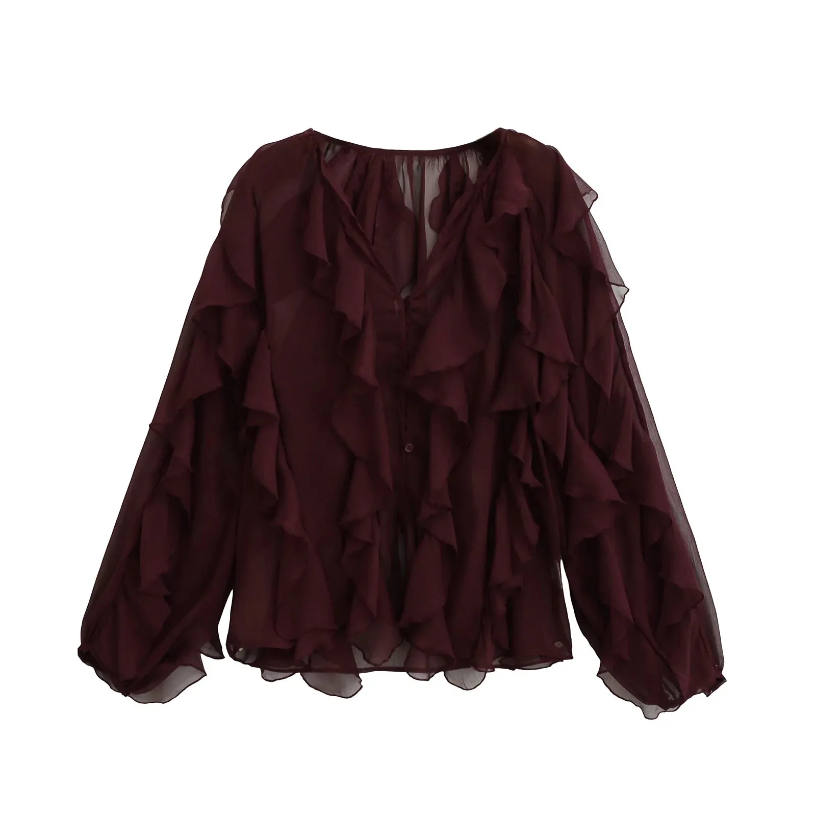 TRAFZA Elegant Women's Translucent Ruffles Shirts 2025 Spring Sexy Female V-neck Long Sleeved Gauze Layered Decorative Blouse