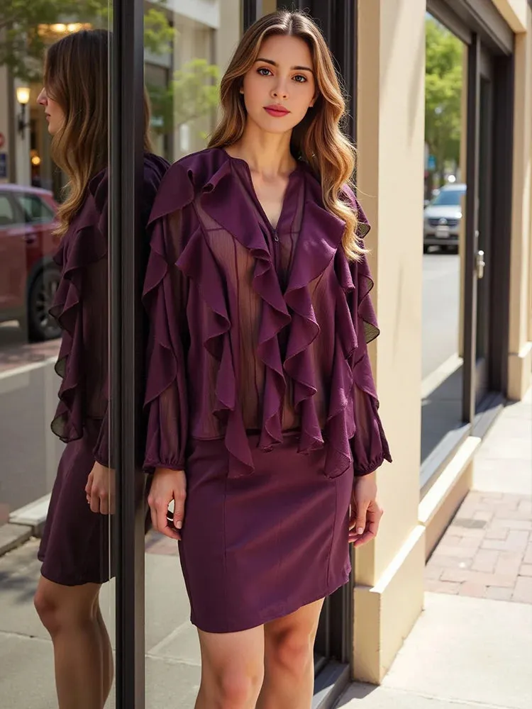 TRAFZA Elegant Women's Translucent Ruffles Shirts 2025 Spring Sexy Female V-neck Long Sleeved Gauze Layered Decorative Blouse