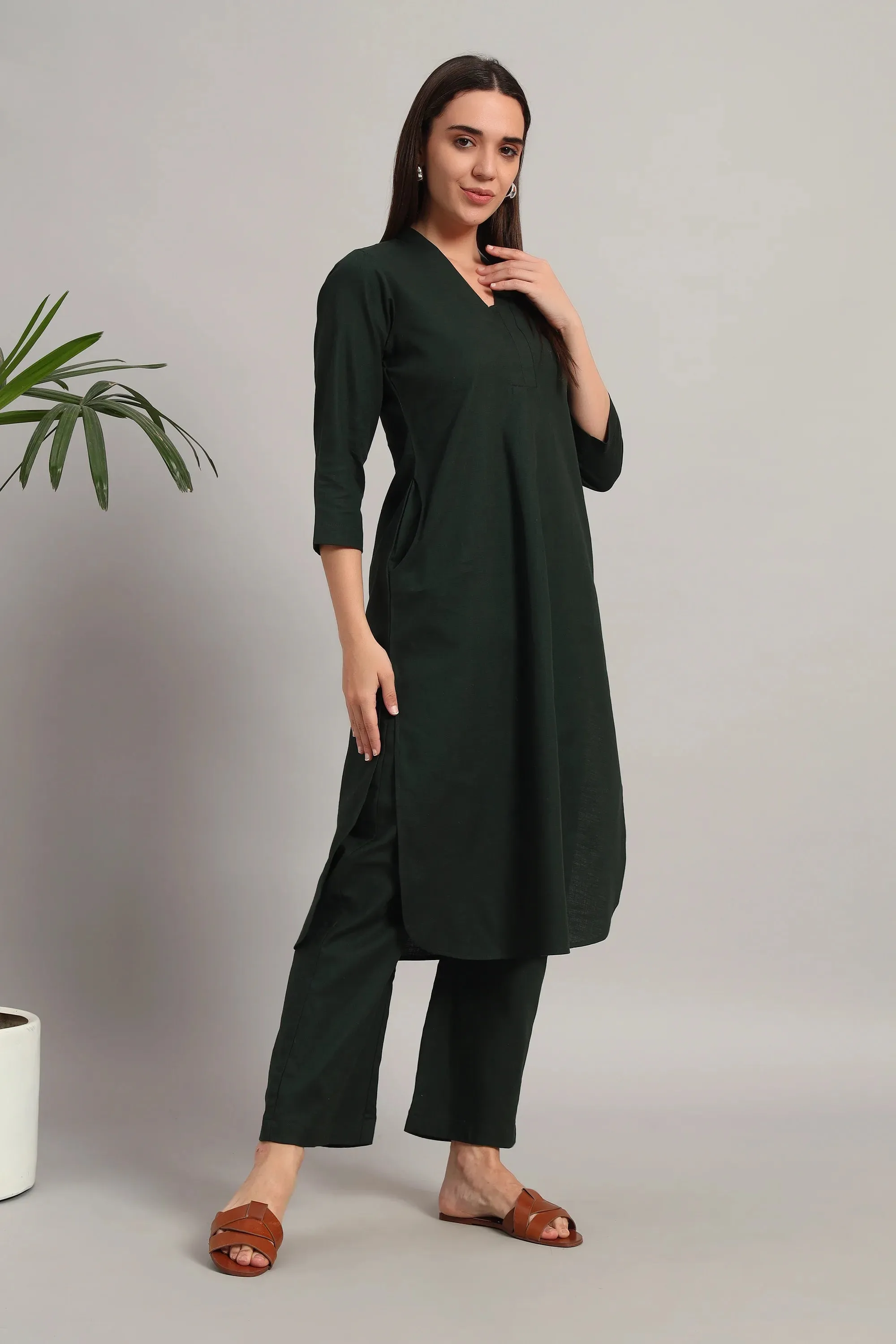 V-Neck, Kurta Set, Bottle Green