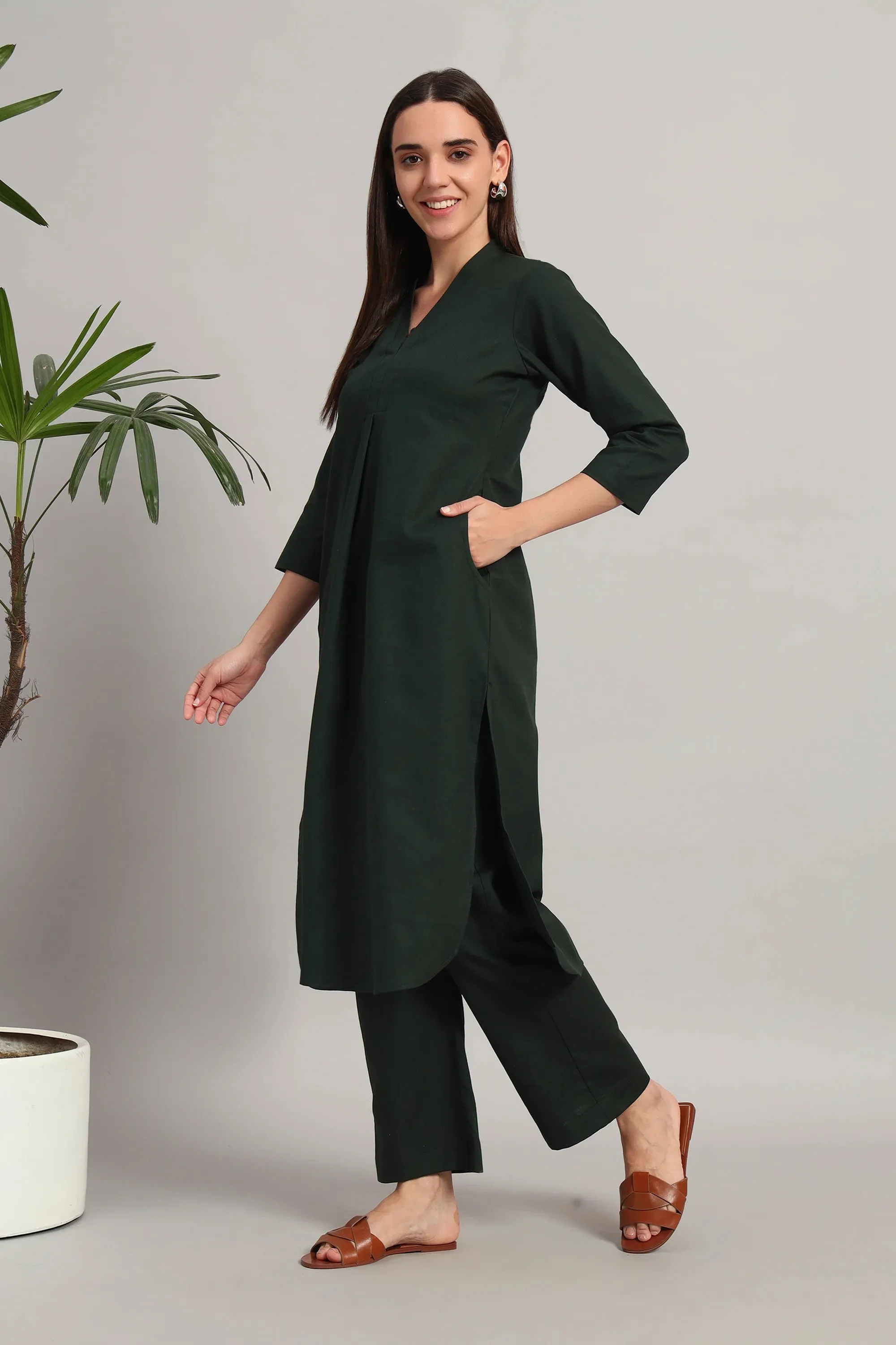 V-Neck, Kurta Set, Bottle Green