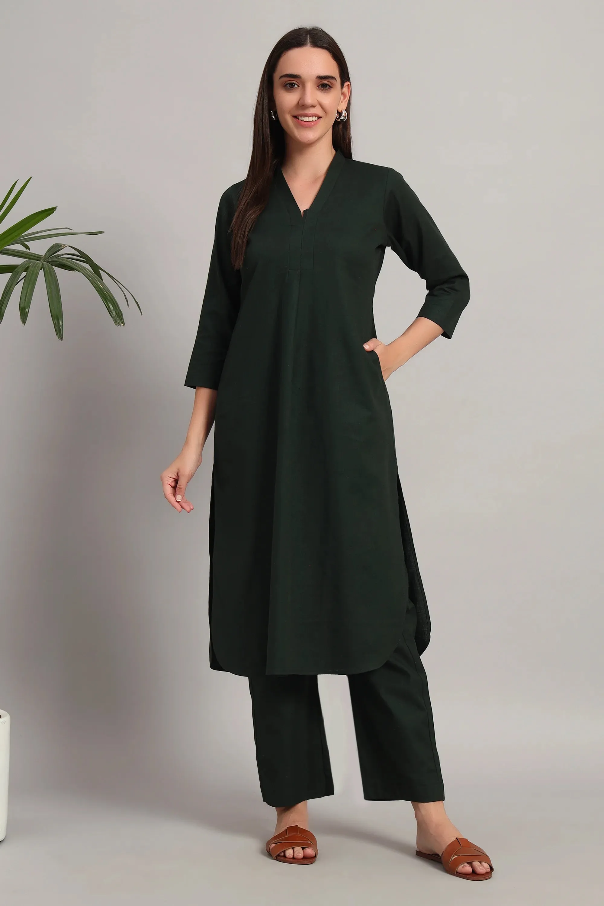 V-Neck, Kurta Set, Bottle Green