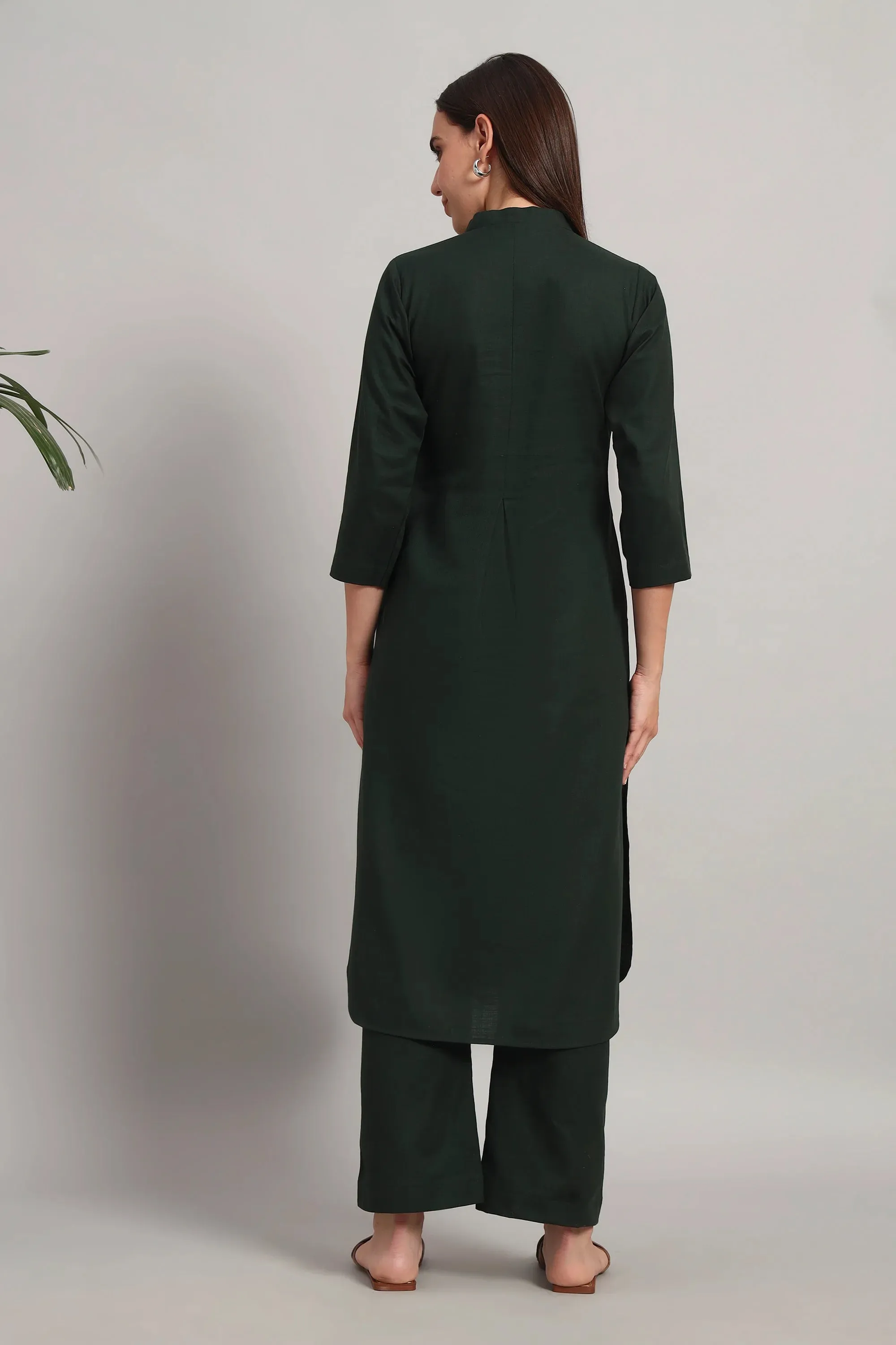 V-Neck, Kurta Set, Bottle Green