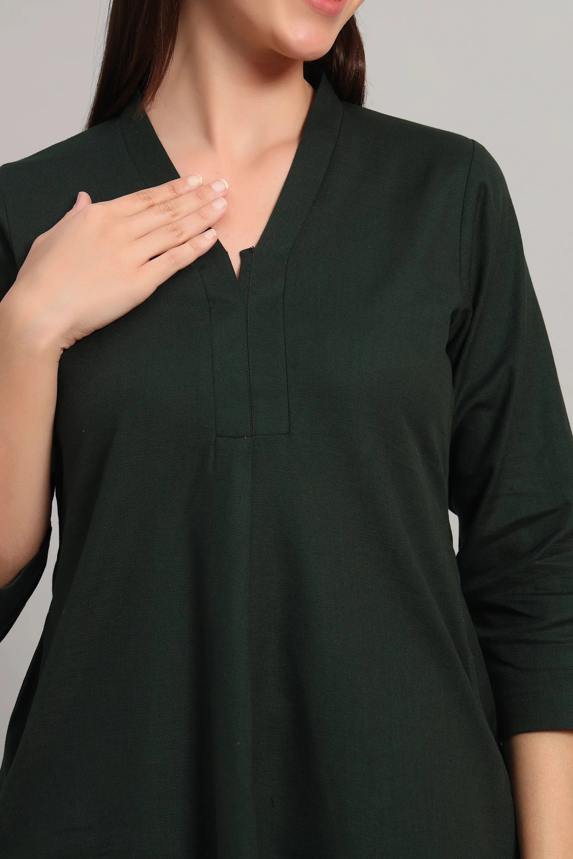 V-Neck, Kurta Set, Bottle Green