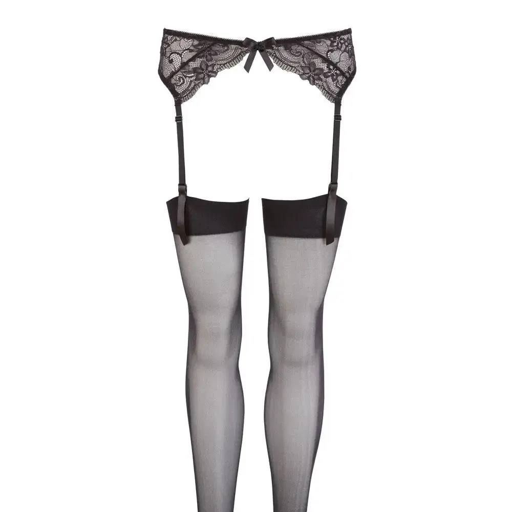 Wet Look Black Lace Suspender Stockings with Adjustable Straps