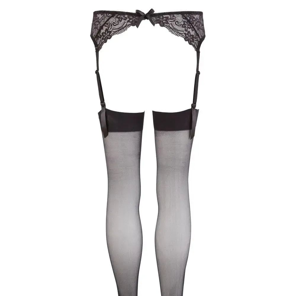 Wet Look Black Lace Suspender Stockings with Adjustable Straps