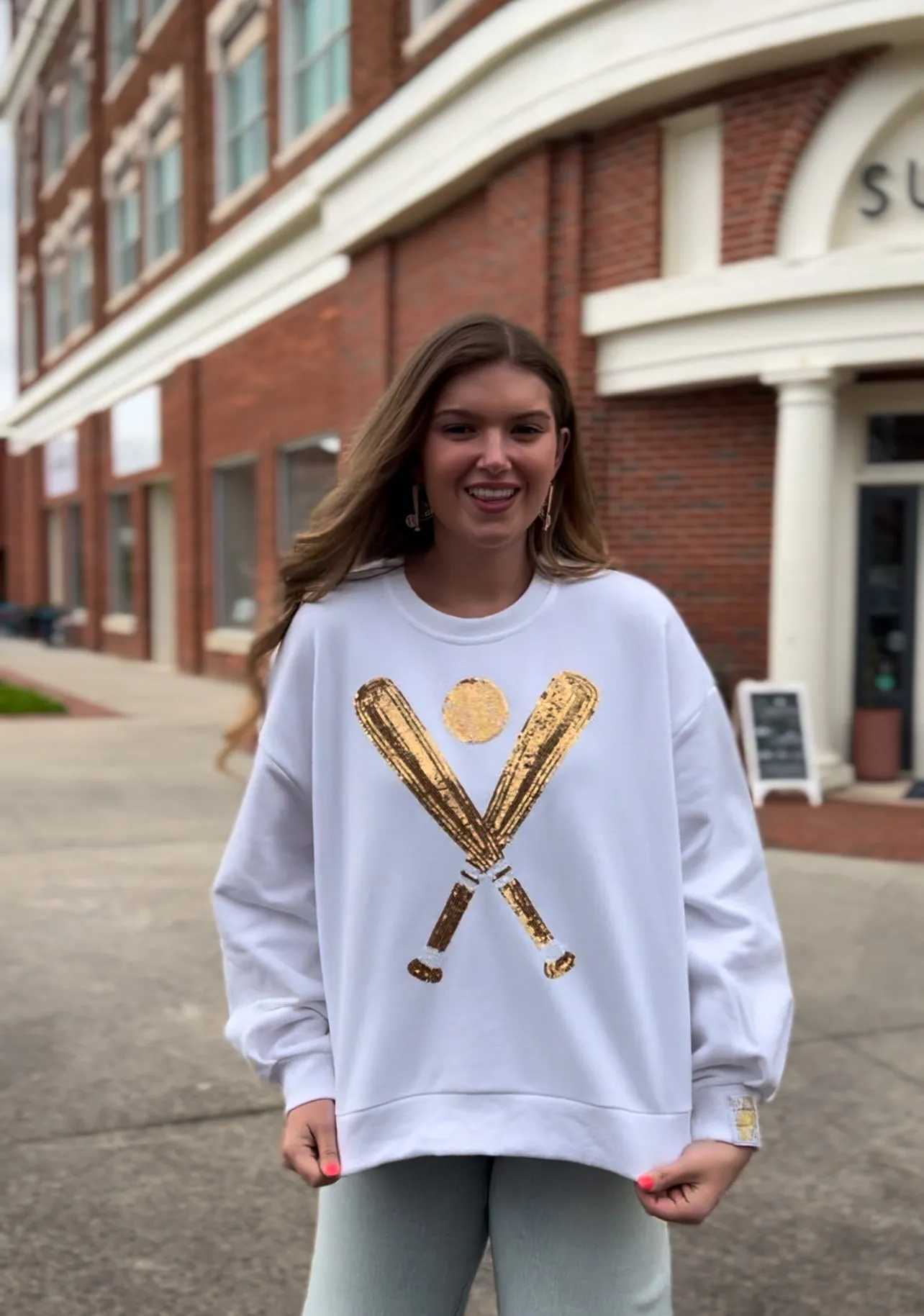 White and Gold Sequin Baseball Sweatshirt