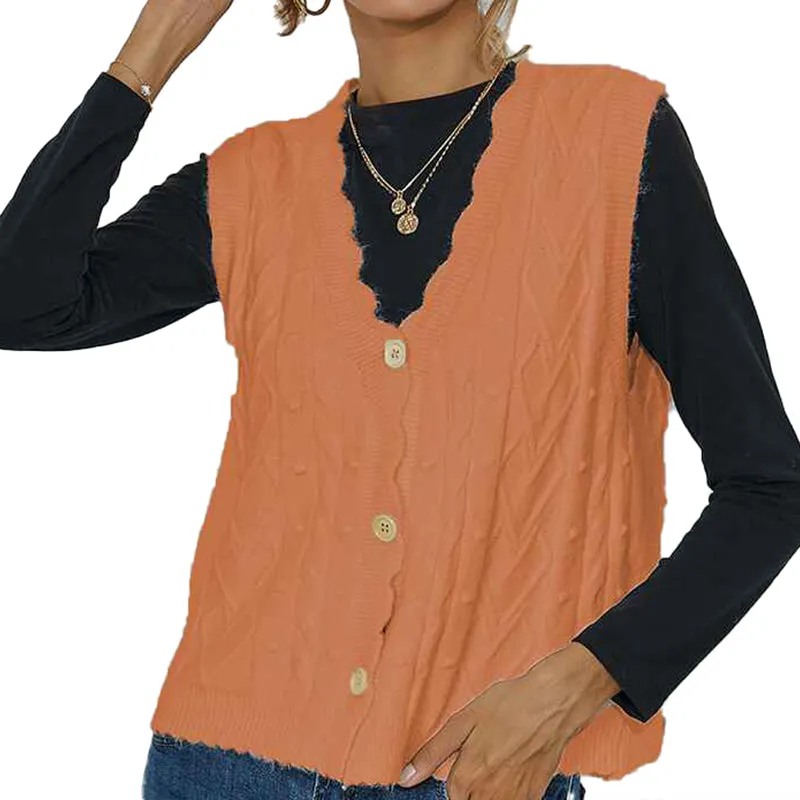 Women Cable Knit Sweater Vest Button Down Sleeveless Classic Cardigan Vests K391
