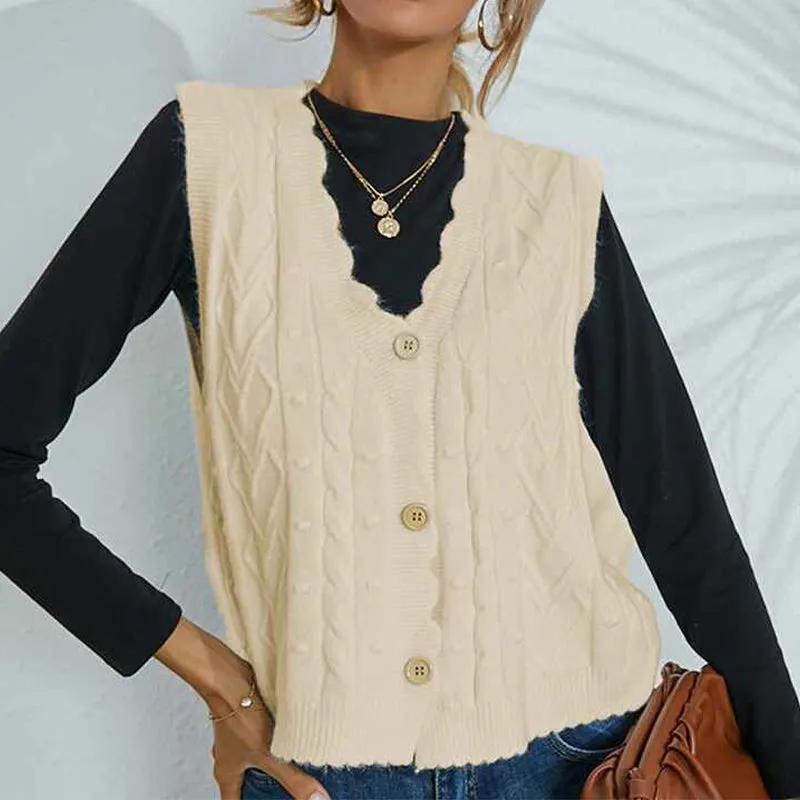 Women Cable Knit Sweater Vest Button Down Sleeveless Classic Cardigan Vests K391