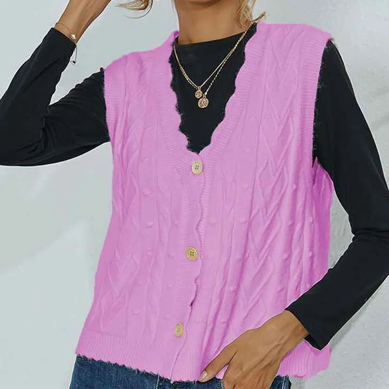 Women Cable Knit Sweater Vest Button Down Sleeveless Classic Cardigan Vests K391