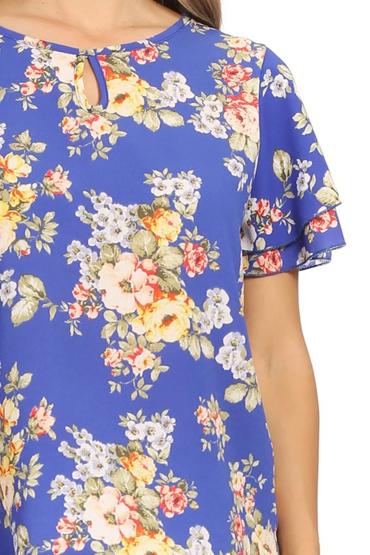 Women's Casual Floral Flowy Short Sleeve Round Neck Key Hole Tee Blouse Top