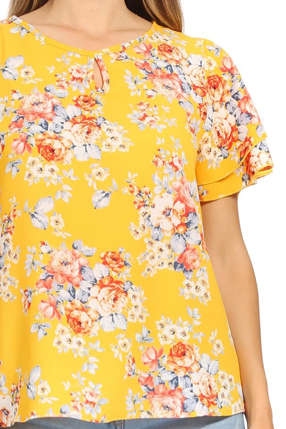 Women's Casual Floral Flowy Short Sleeve Round Neck Key Hole Tee Blouse Top