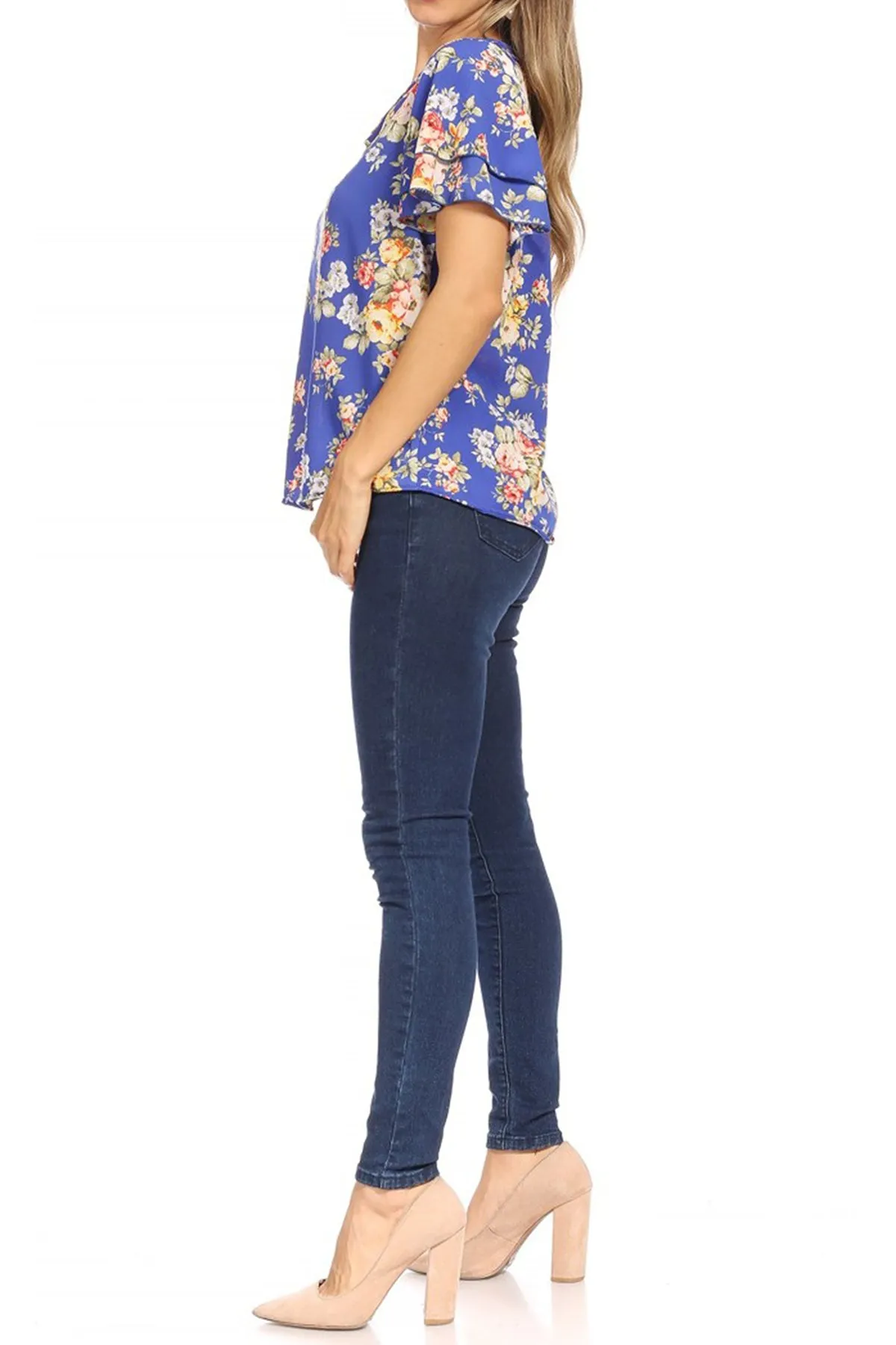 Women's Casual Floral Flowy Short Sleeve Round Neck Key Hole Tee Blouse Top