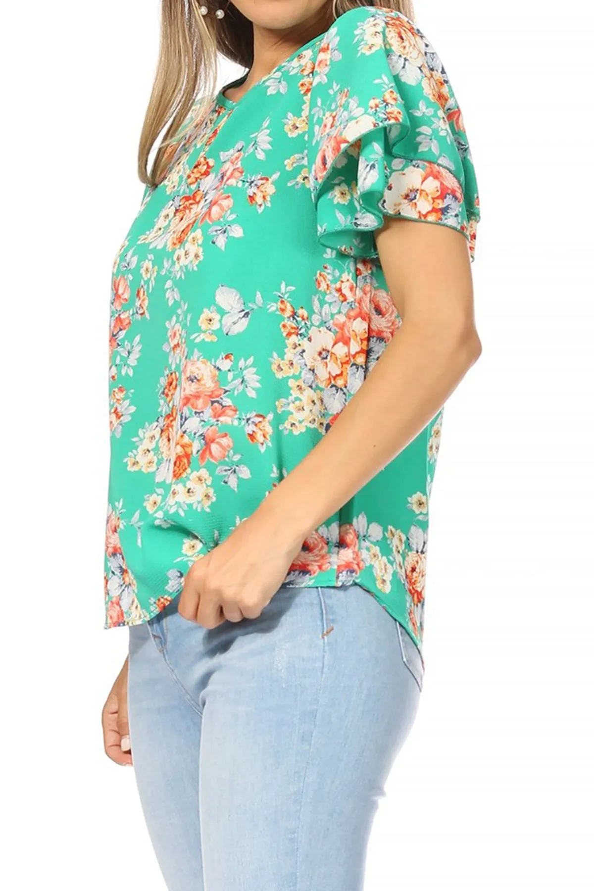 Women's Casual Floral Flowy Short Sleeve Round Neck Key Hole Tee Blouse Top