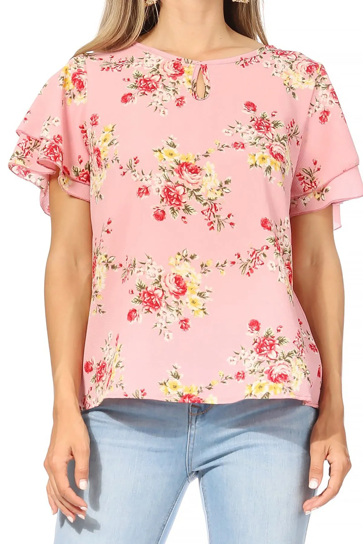 Women's Casual Floral Flowy Short Sleeve Round Neck Key Hole Tee Blouse Top