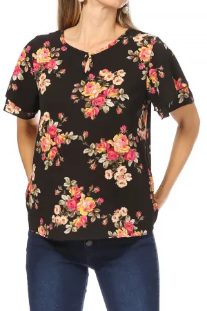 Women's Casual Floral Flowy Short Sleeve Round Neck Key Hole Tee Blouse Top