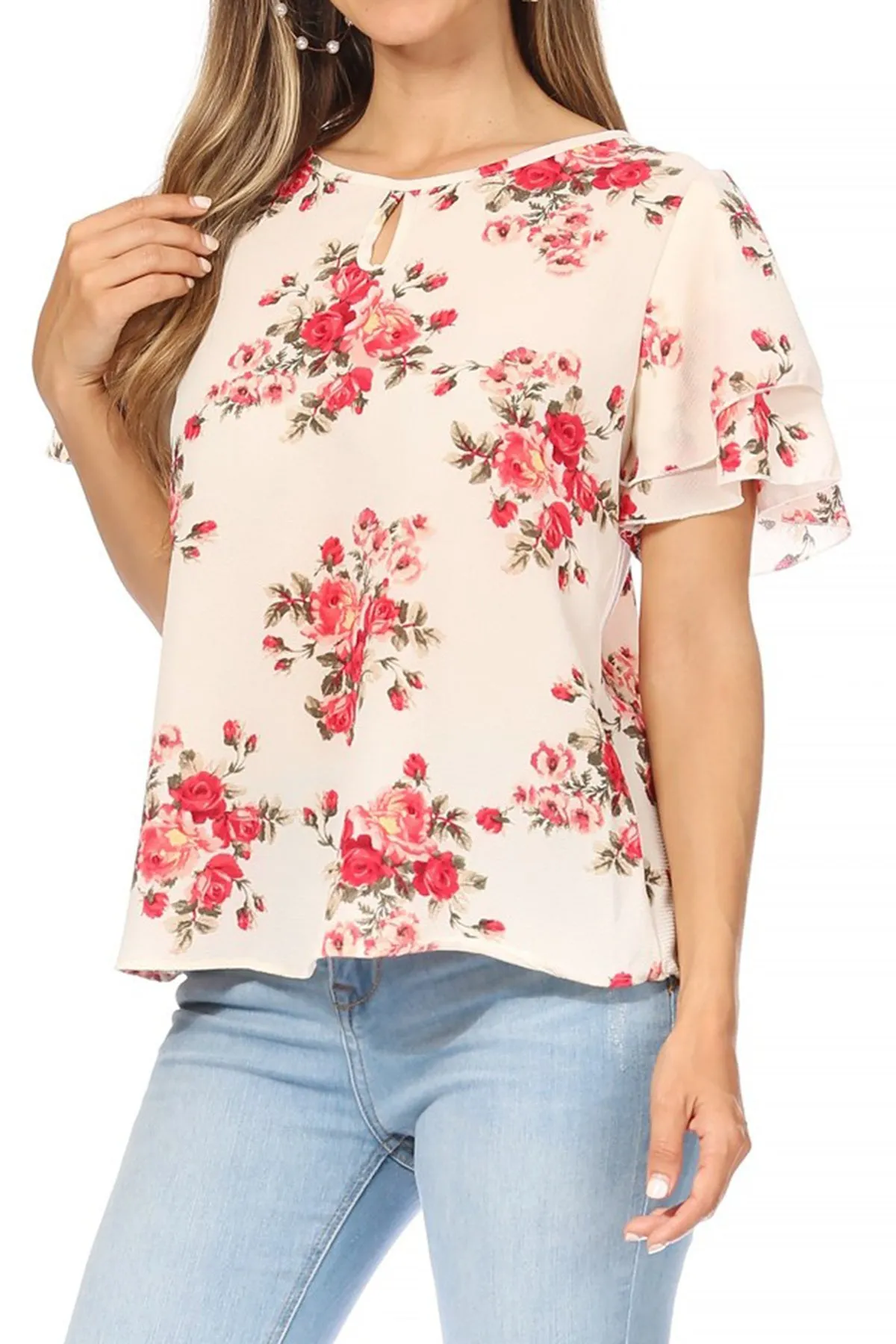 Women's Casual Floral Flowy Short Sleeve Round Neck Key Hole Tee Blouse Top