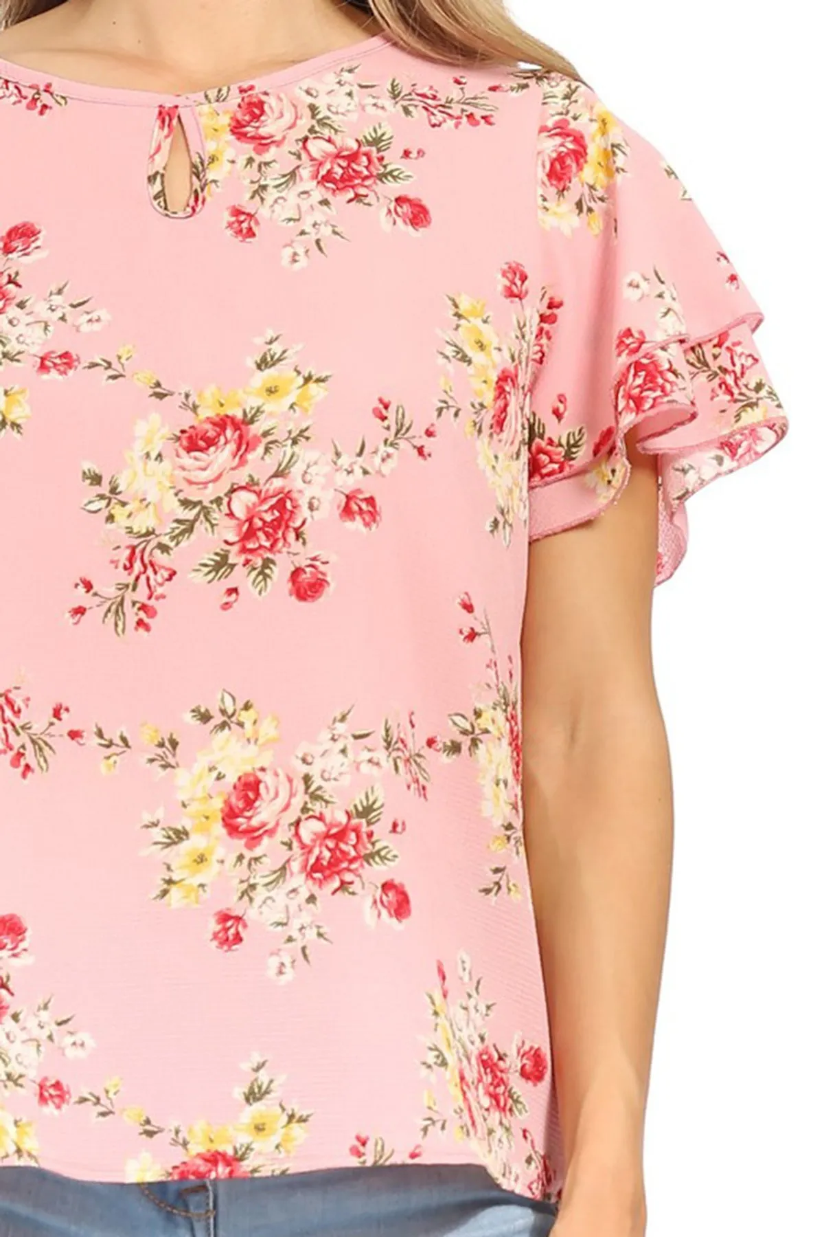 Women's Casual Floral Flowy Short Sleeve Round Neck Key Hole Tee Blouse Top