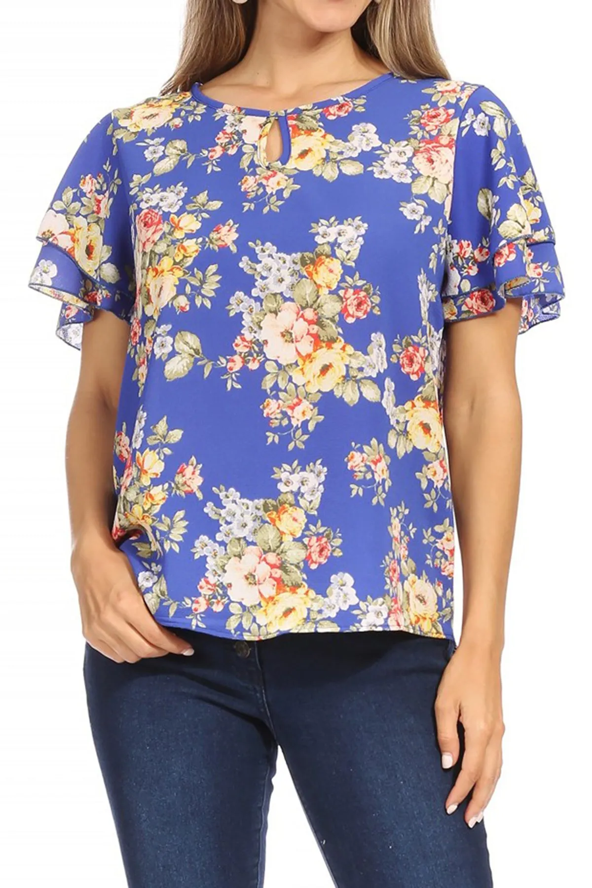 Women's Casual Floral Flowy Short Sleeve Round Neck Key Hole Tee Blouse Top