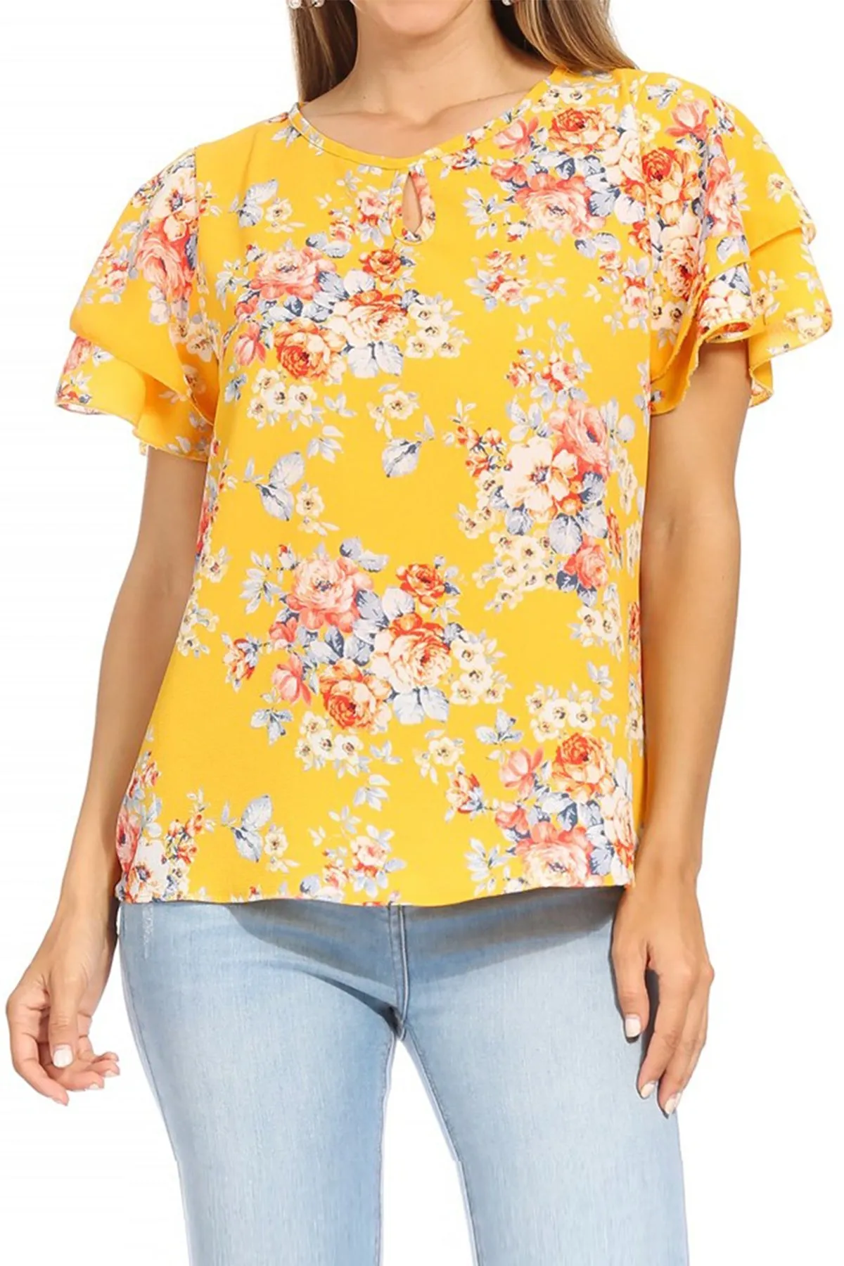 Women's Casual Floral Flowy Short Sleeve Round Neck Key Hole Tee Blouse Top