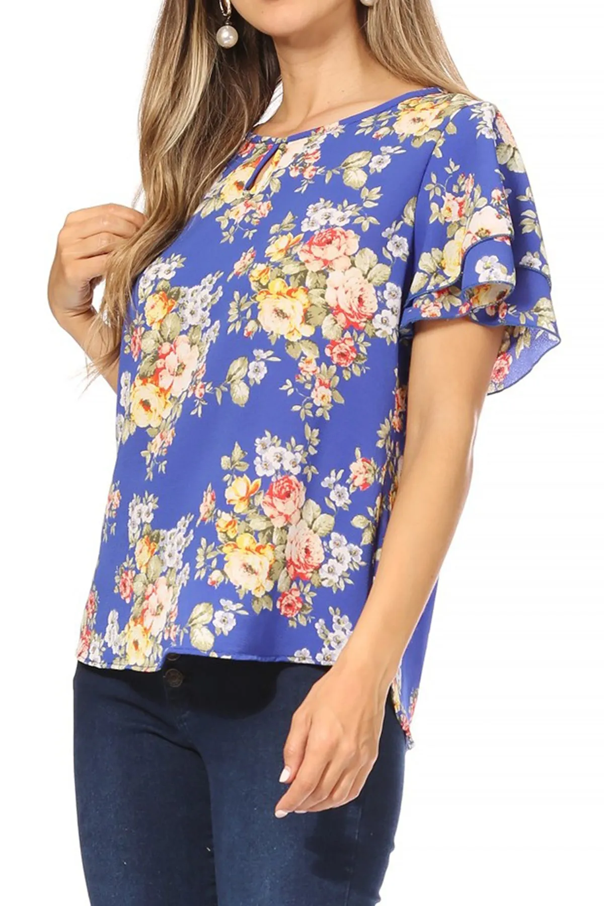 Women's Casual Floral Flowy Short Sleeve Round Neck Key Hole Tee Blouse Top