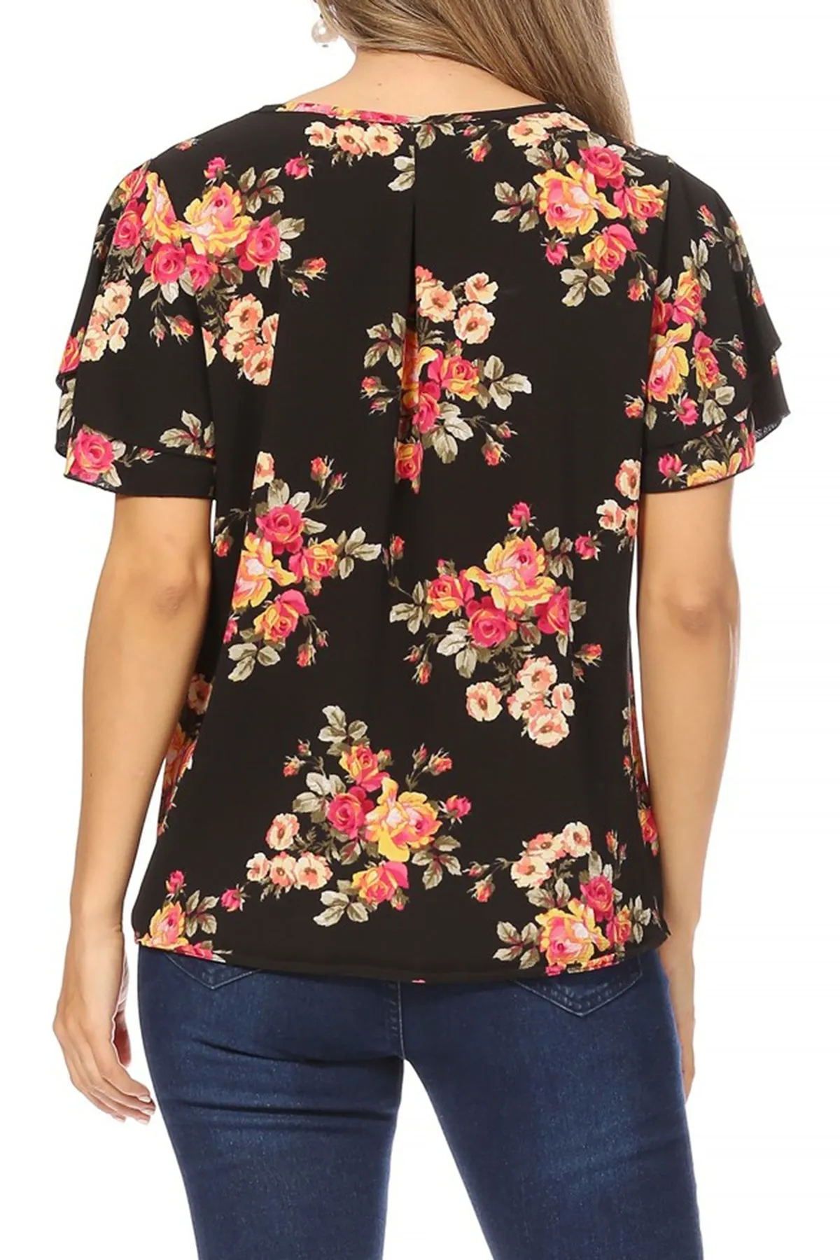 Women's Casual Floral Flowy Short Sleeve Round Neck Key Hole Tee Blouse Top