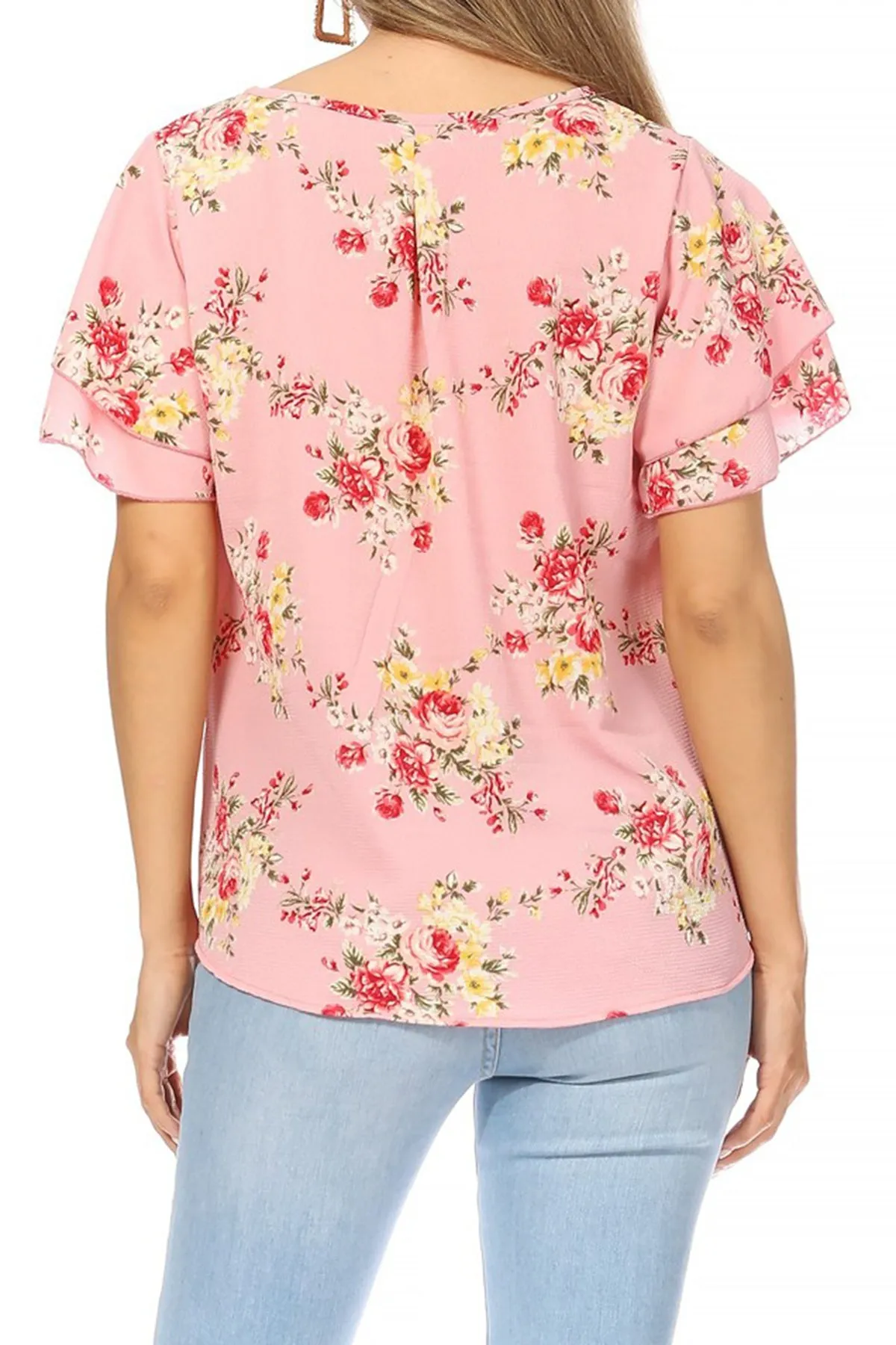 Women's Casual Floral Flowy Short Sleeve Round Neck Key Hole Tee Blouse Top