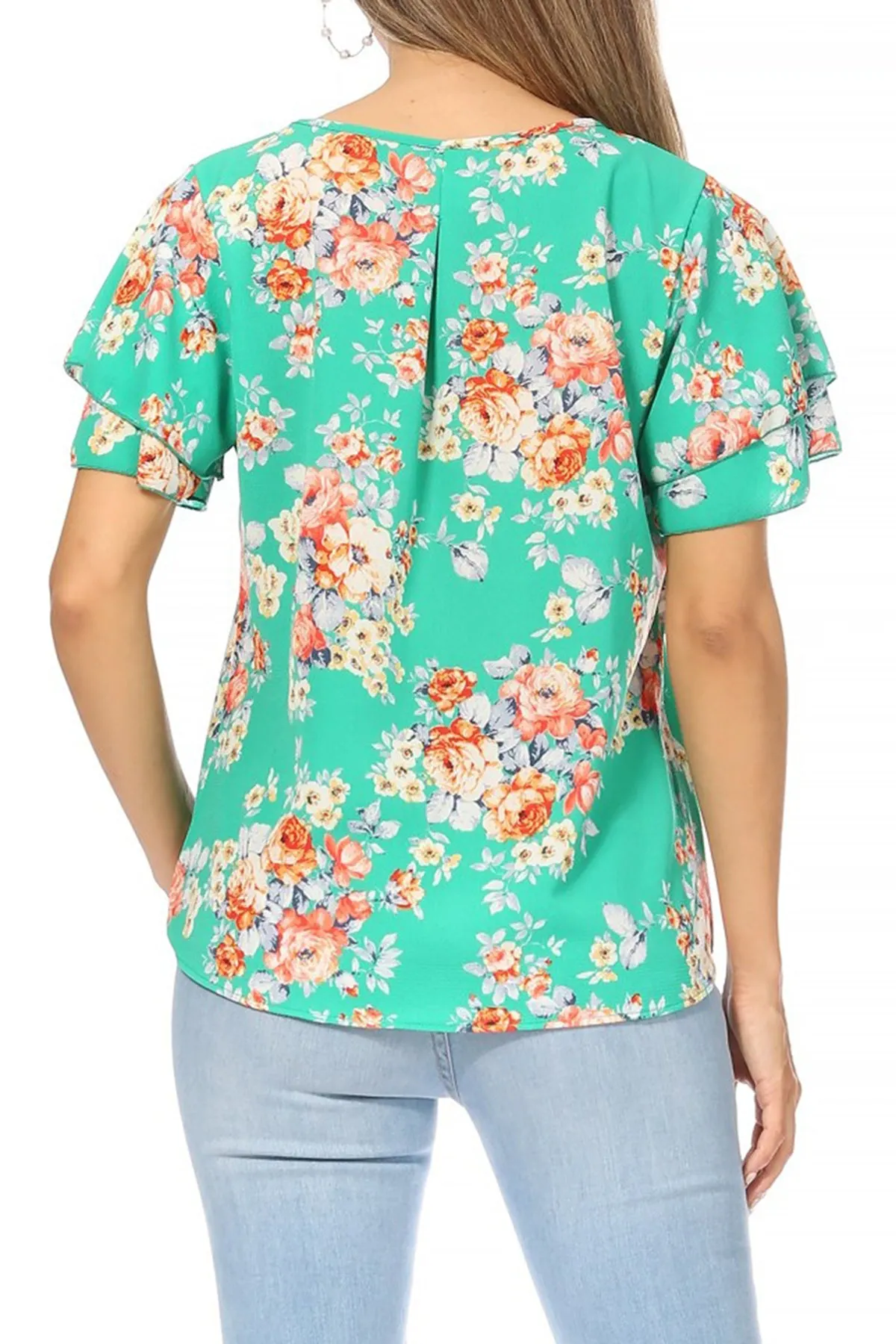 Women's Casual Floral Flowy Short Sleeve Round Neck Key Hole Tee Blouse Top