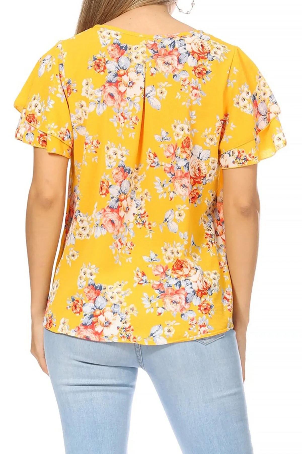 Women's Casual Floral Flowy Short Sleeve Round Neck Key Hole Tee Blouse Top