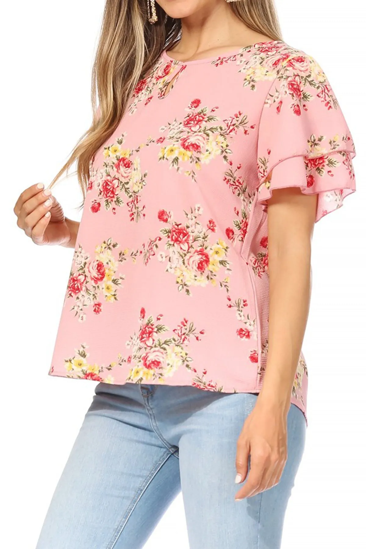 Women's Casual Floral Flowy Short Sleeve Round Neck Key Hole Tee Blouse Top