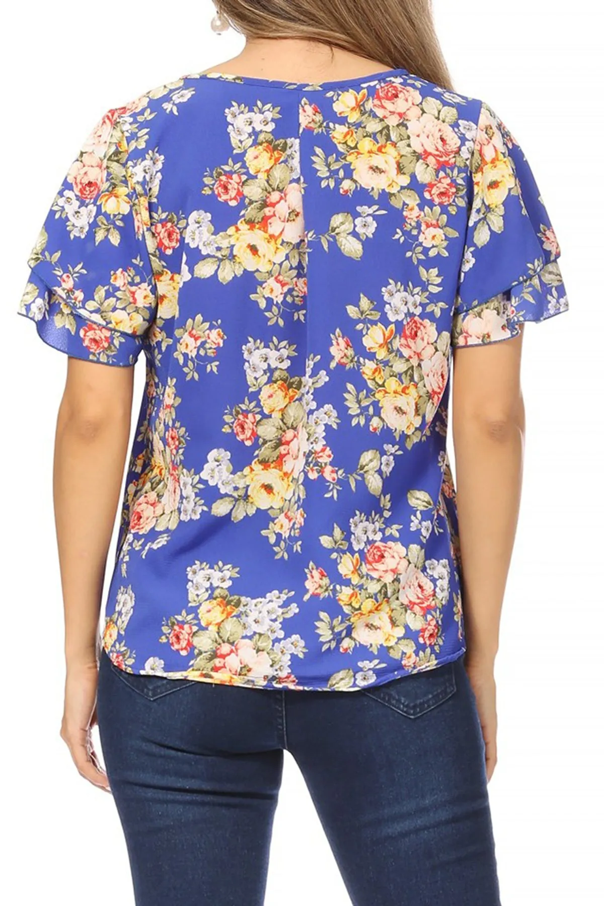 Women's Casual Floral Flowy Short Sleeve Round Neck Key Hole Tee Blouse Top