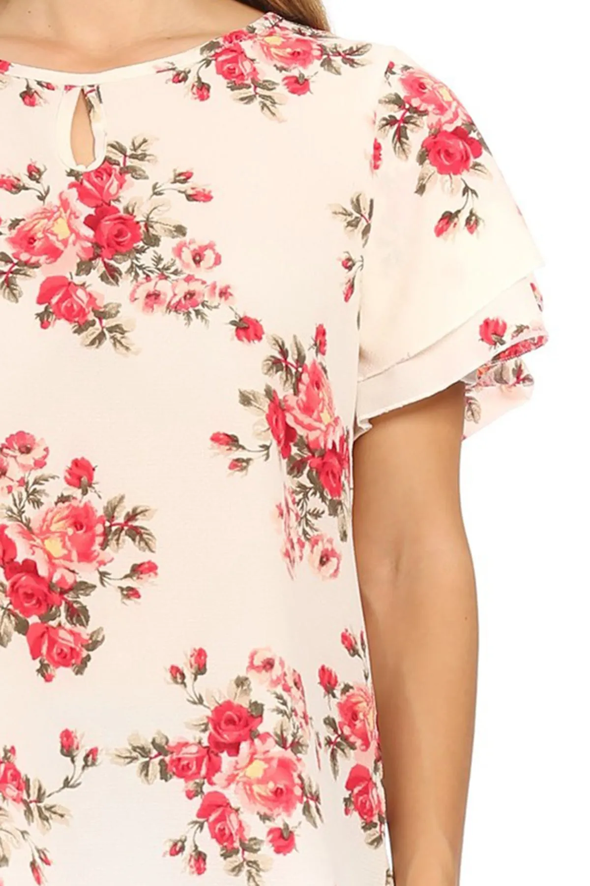 Women's Casual Floral Flowy Short Sleeve Round Neck Key Hole Tee Blouse Top
