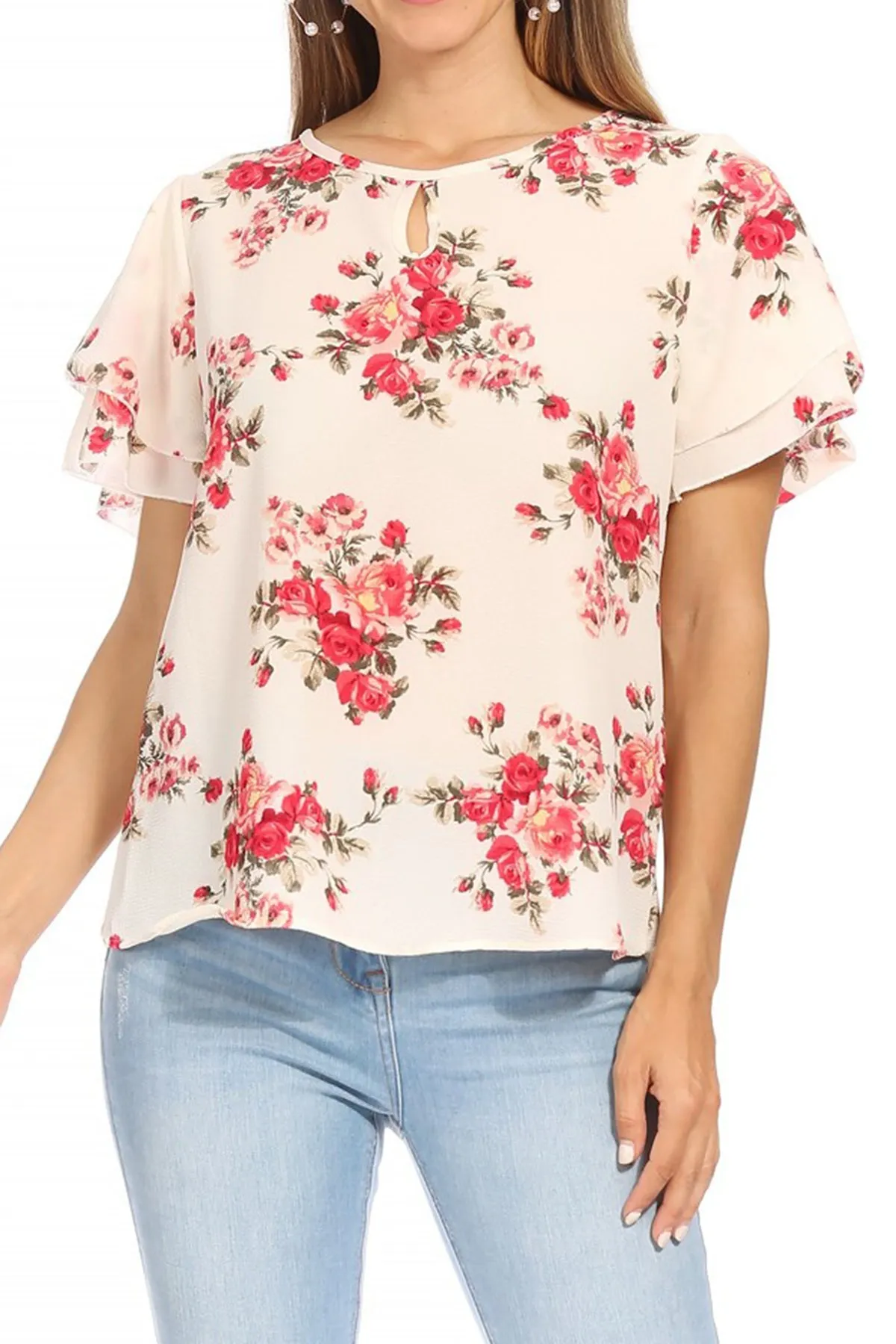 Women's Casual Floral Flowy Short Sleeve Round Neck Key Hole Tee Blouse Top