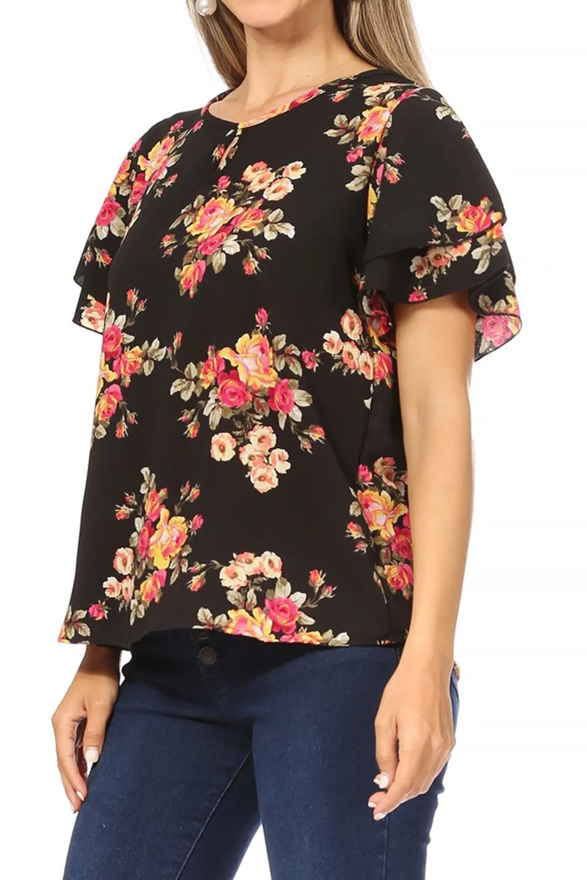 Women's Casual Floral Flowy Short Sleeve Round Neck Key Hole Tee Blouse Top