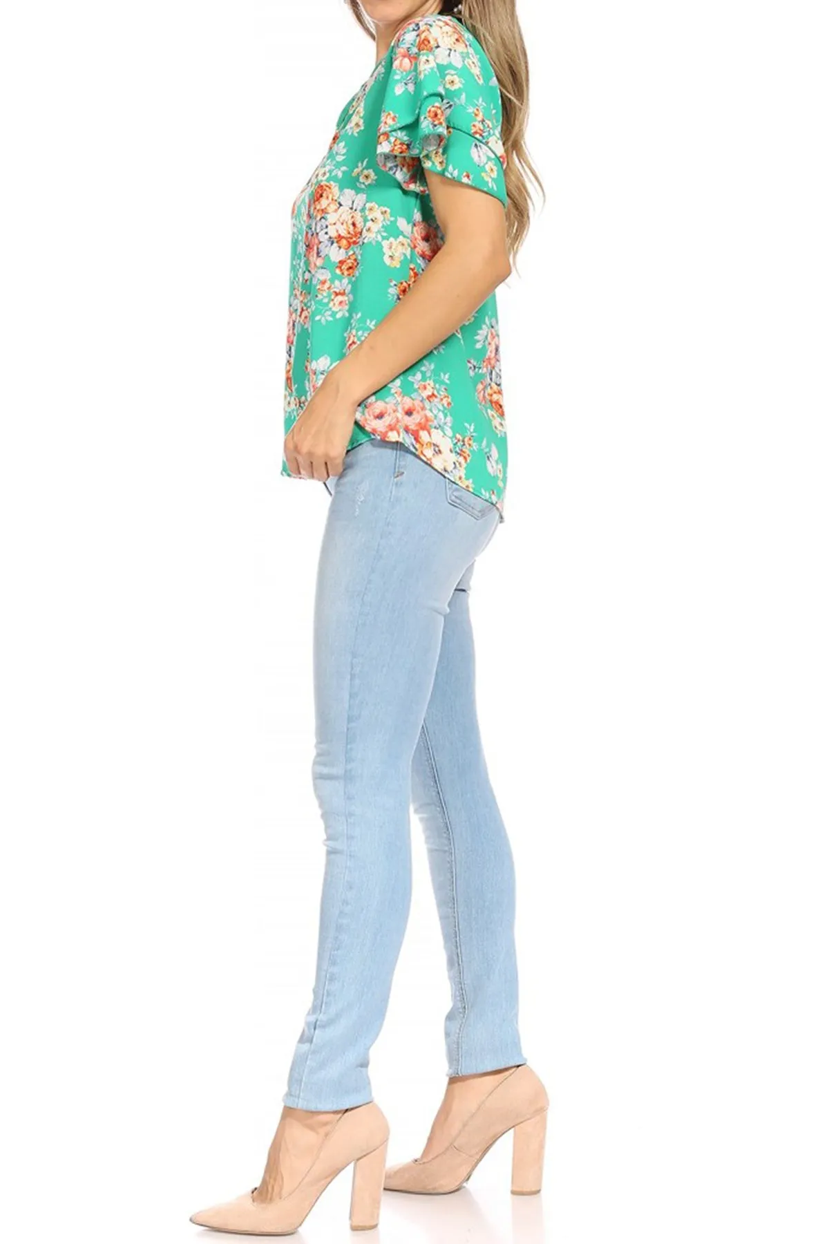Women's Casual Floral Flowy Short Sleeve Round Neck Key Hole Tee Blouse Top