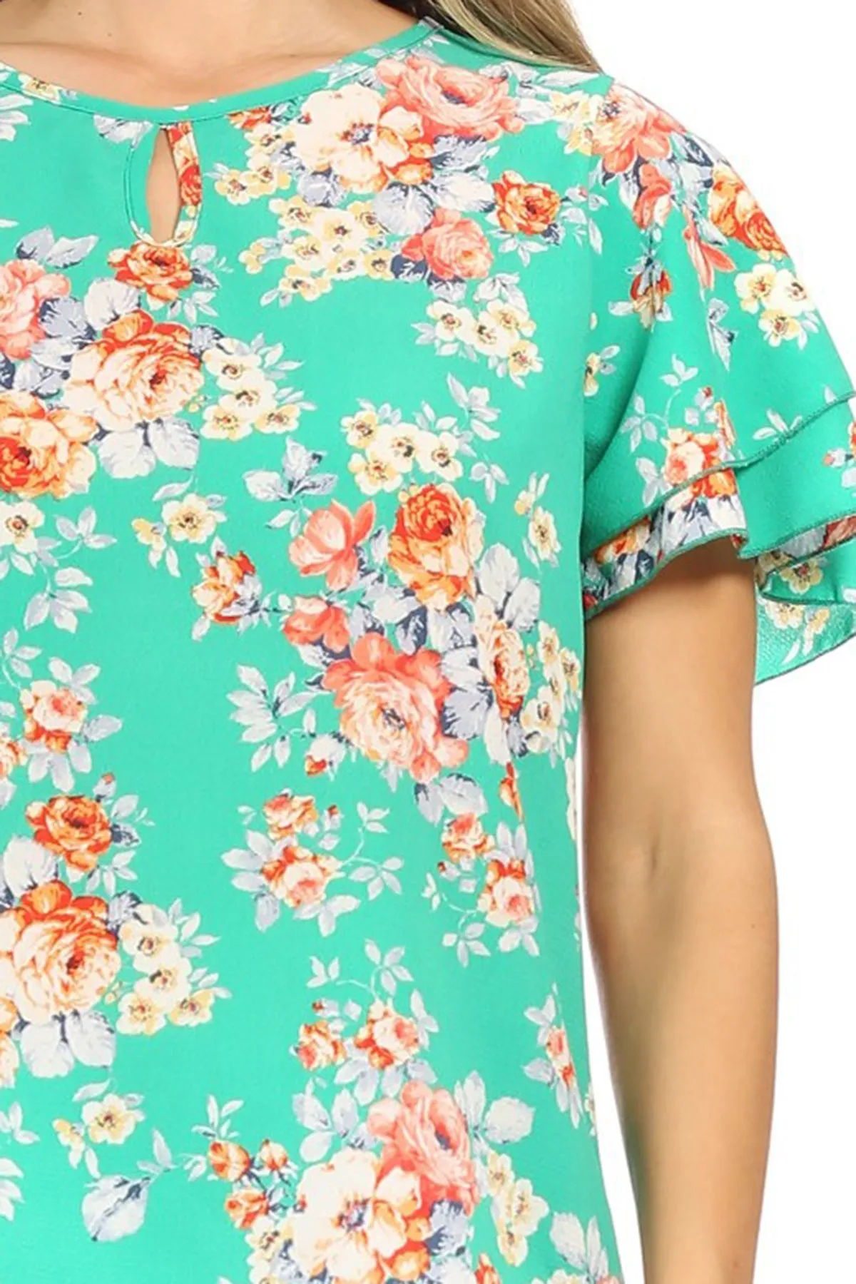 Women's Casual Floral Flowy Short Sleeve Round Neck Key Hole Tee Blouse Top