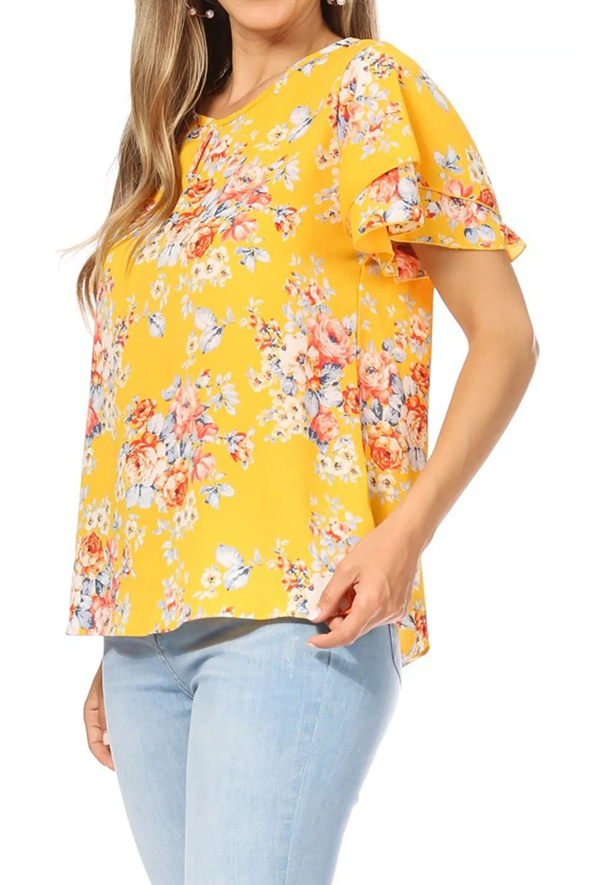 Women's Casual Floral Flowy Short Sleeve Round Neck Key Hole Tee Blouse Top