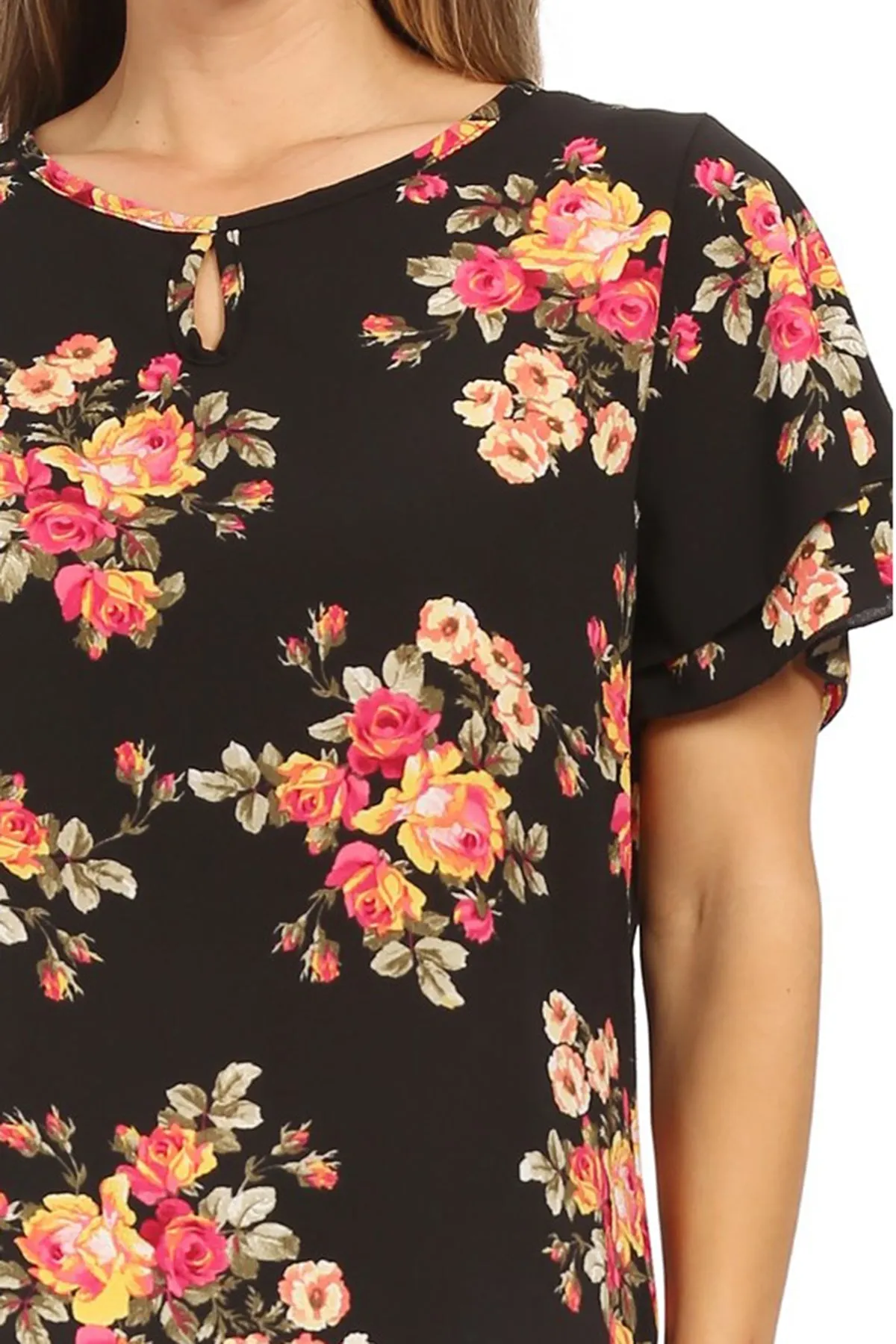 Women's Casual Floral Flowy Short Sleeve Round Neck Key Hole Tee Blouse Top