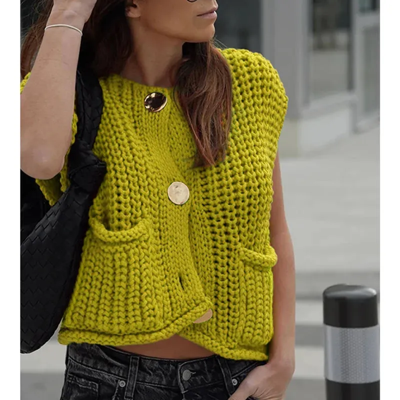 Women'S Knitted Vest Chic Clothes Red Color Sleeveless Casual Tank Top Women Sweater Vests Fashion Sweater Top Button Clothing