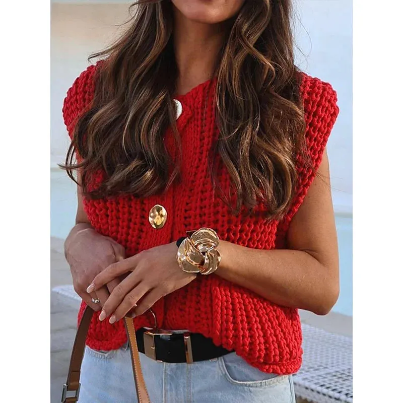Women'S Knitted Vest Chic Clothes Red Color Sleeveless Casual Tank Top Women Sweater Vests Fashion Sweater Top Button Clothing