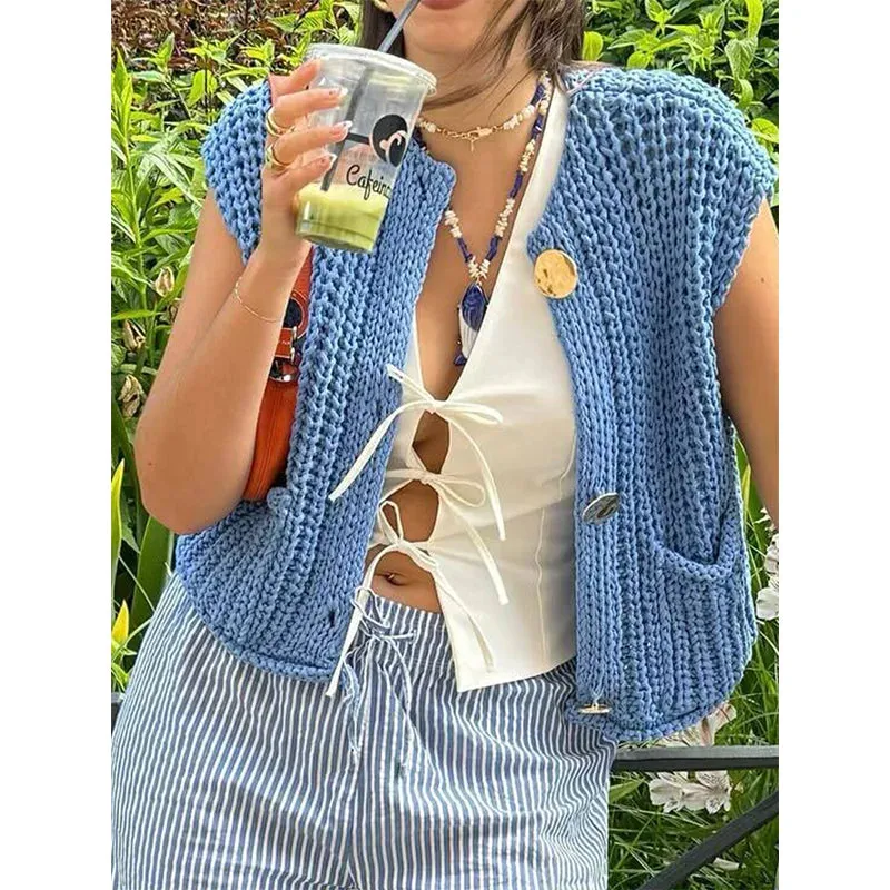 Women'S Knitted Vest Chic Clothes Red Color Sleeveless Casual Tank Top Women Sweater Vests Fashion Sweater Top Button Clothing