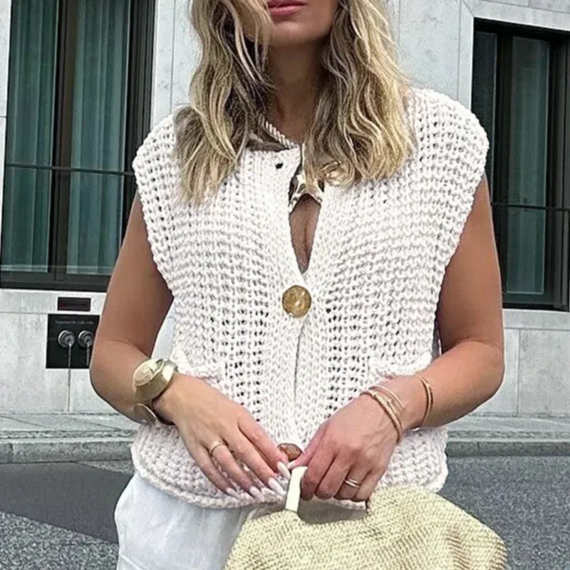 Women'S Knitted Vest Chic Clothes Red Color Sleeveless Casual Tank Top Women Sweater Vests Fashion Sweater Top Button Clothing