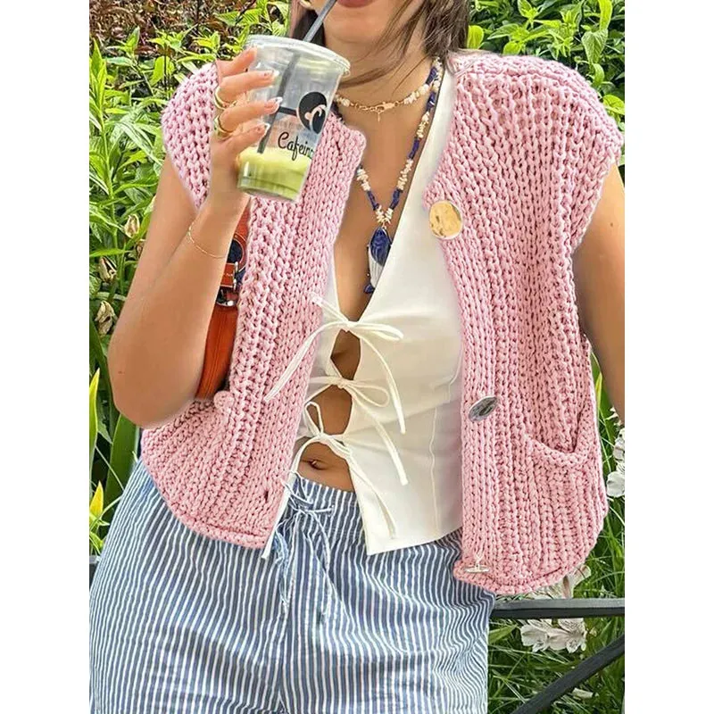 Women'S Knitted Vest Chic Clothes Red Color Sleeveless Casual Tank Top Women Sweater Vests Fashion Sweater Top Button Clothing