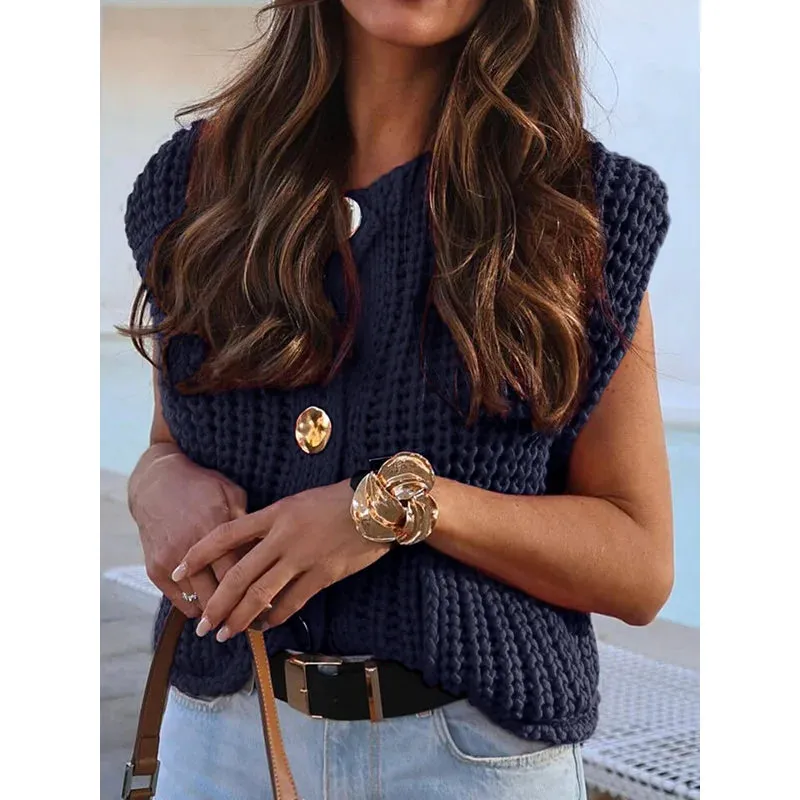 Women'S Knitted Vest Chic Clothes Red Color Sleeveless Casual Tank Top Women Sweater Vests Fashion Sweater Top Button Clothing