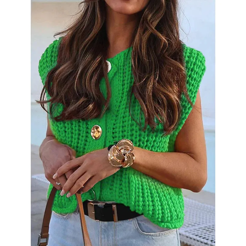 Women'S Knitted Vest Chic Clothes Red Color Sleeveless Casual Tank Top Women Sweater Vests Fashion Sweater Top Button Clothing