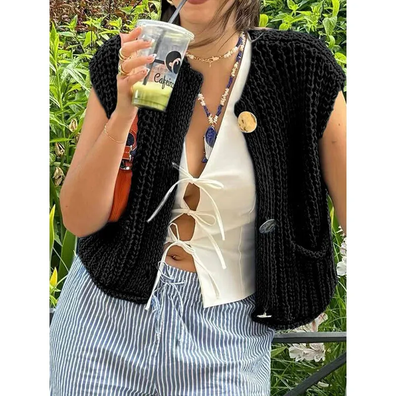 Women'S Knitted Vest Chic Clothes Red Color Sleeveless Casual Tank Top Women Sweater Vests Fashion Sweater Top Button Clothing