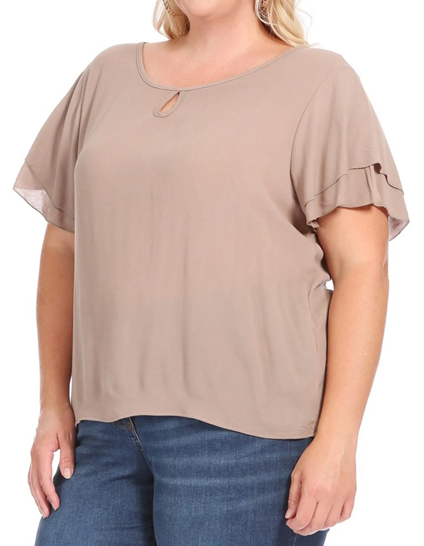Women's Plus Size Solid Flowy Short Flutter Sleeve Round Neck Key Hole Blouse