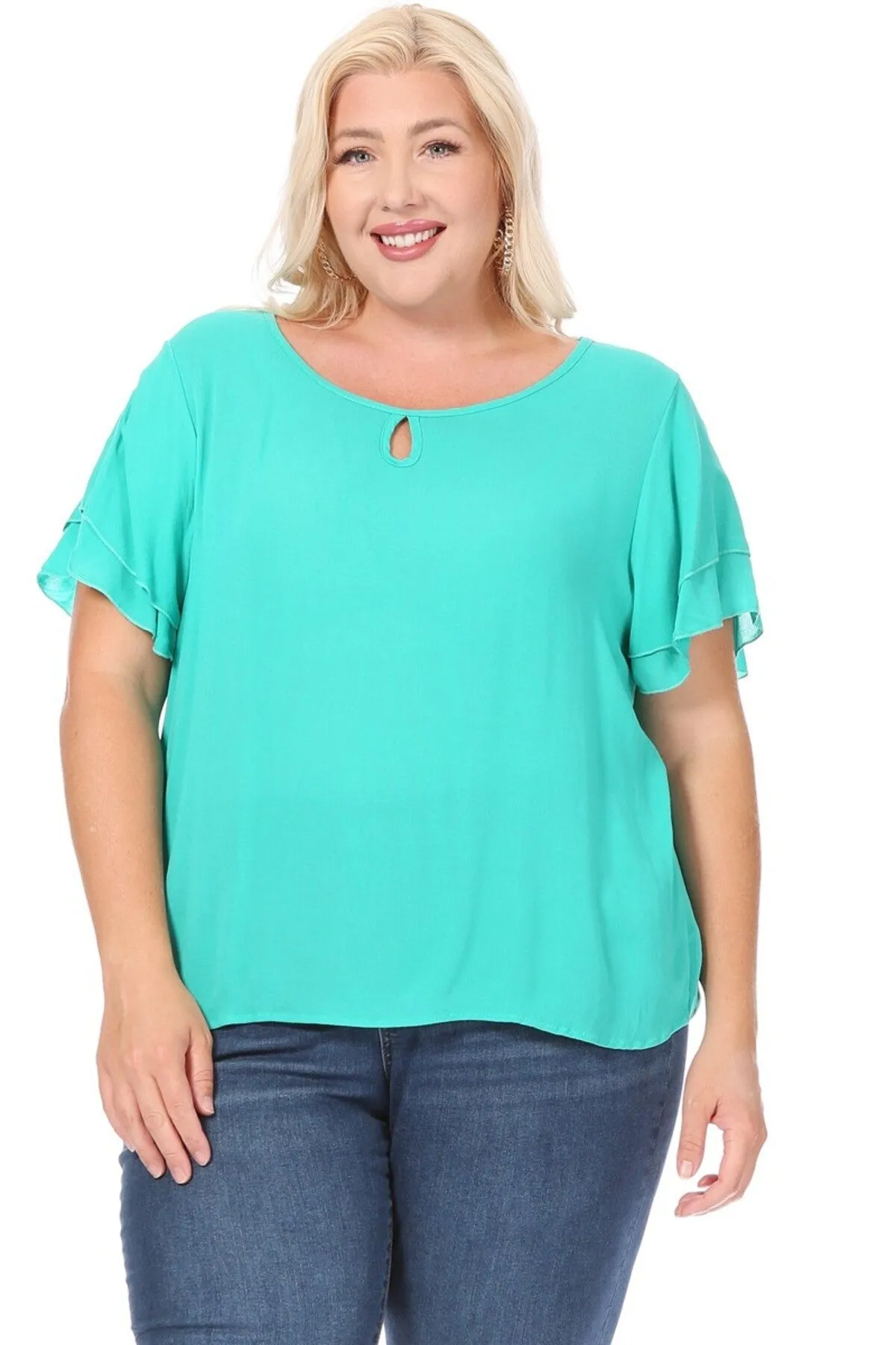Women's Plus Size Solid Flowy Short Flutter Sleeve Round Neck Key Hole Blouse